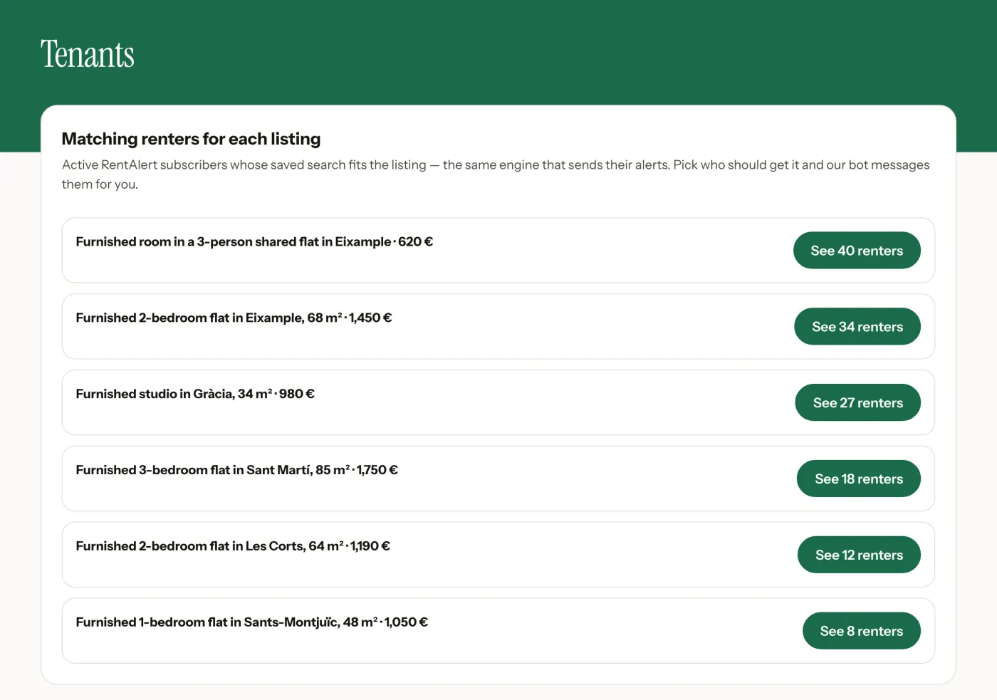 Partner panel: your listings, each with a button to see its matching renters