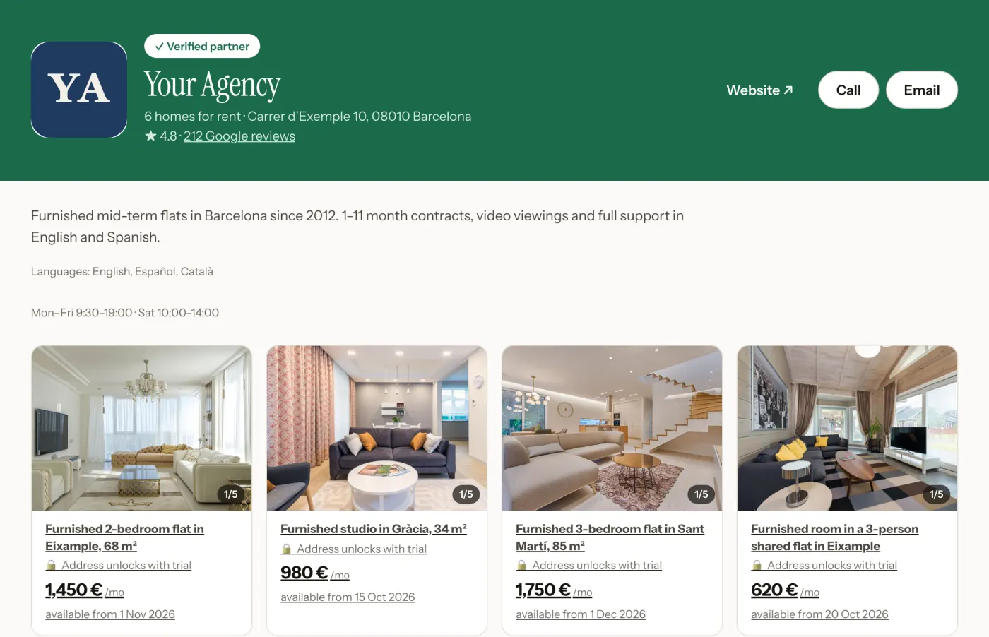 Public agency profile with logo, listings and Website, Call and Email buttons