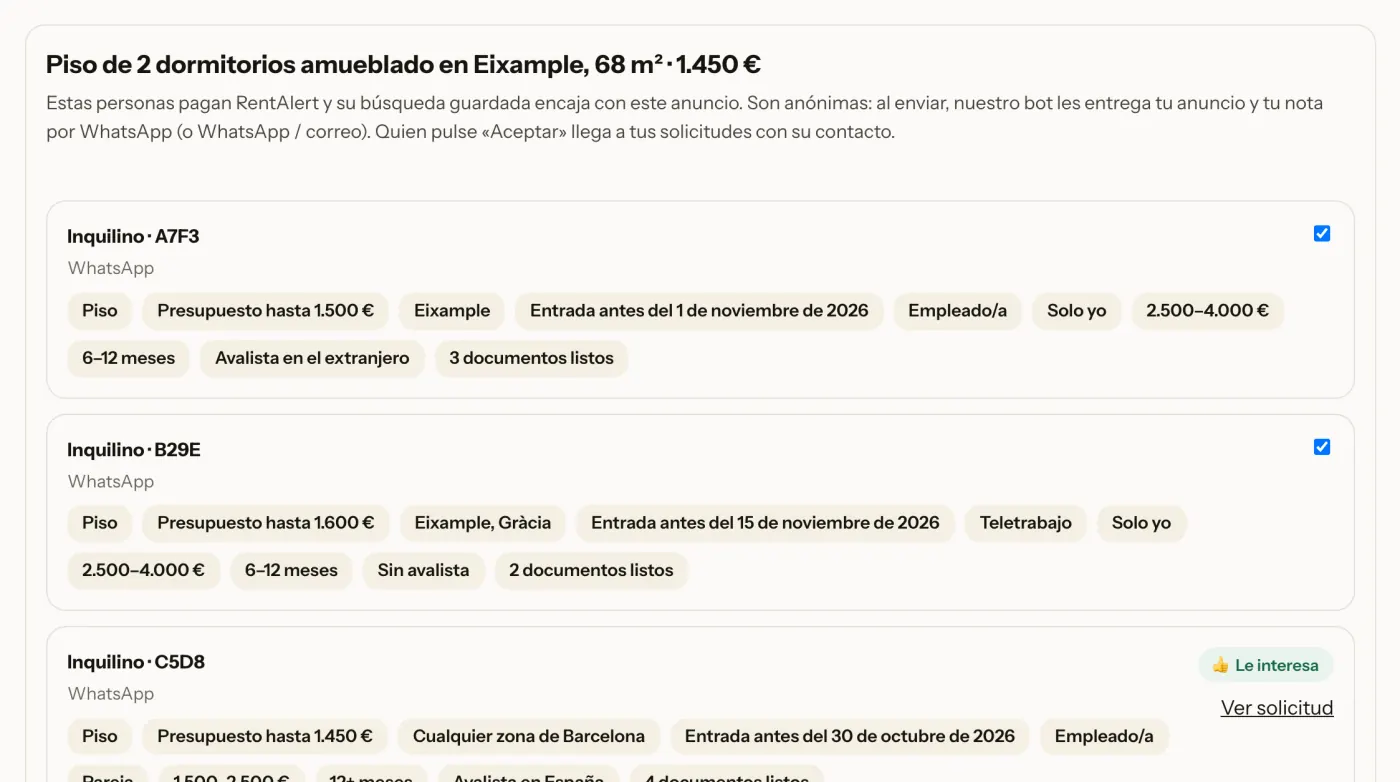 Panel de partner: fichas anónimas con presupuesto, zona, fecha de entrada, trabajo, avalista y documentos