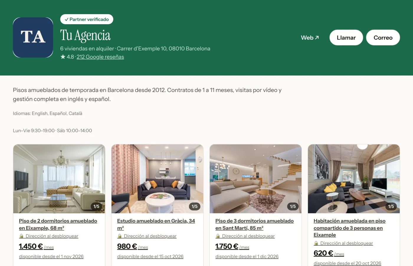 Perfil público de la agencia con logo, anuncios y botones de web, llamada y correo